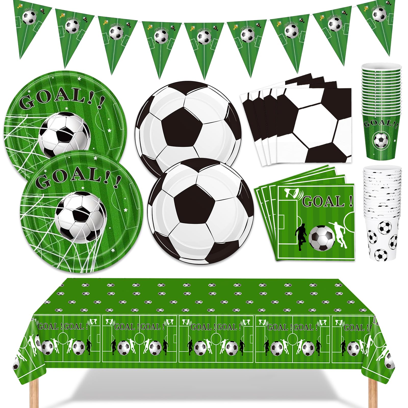 Soccer Party Decorations 98Pcs Soccer Birthday Party Decorations Suppiles Set Include Dinner Plates, Dessert Plates, Napkins, Cups, Banner and Tablecloth Soccer Theme Party Favors Kit