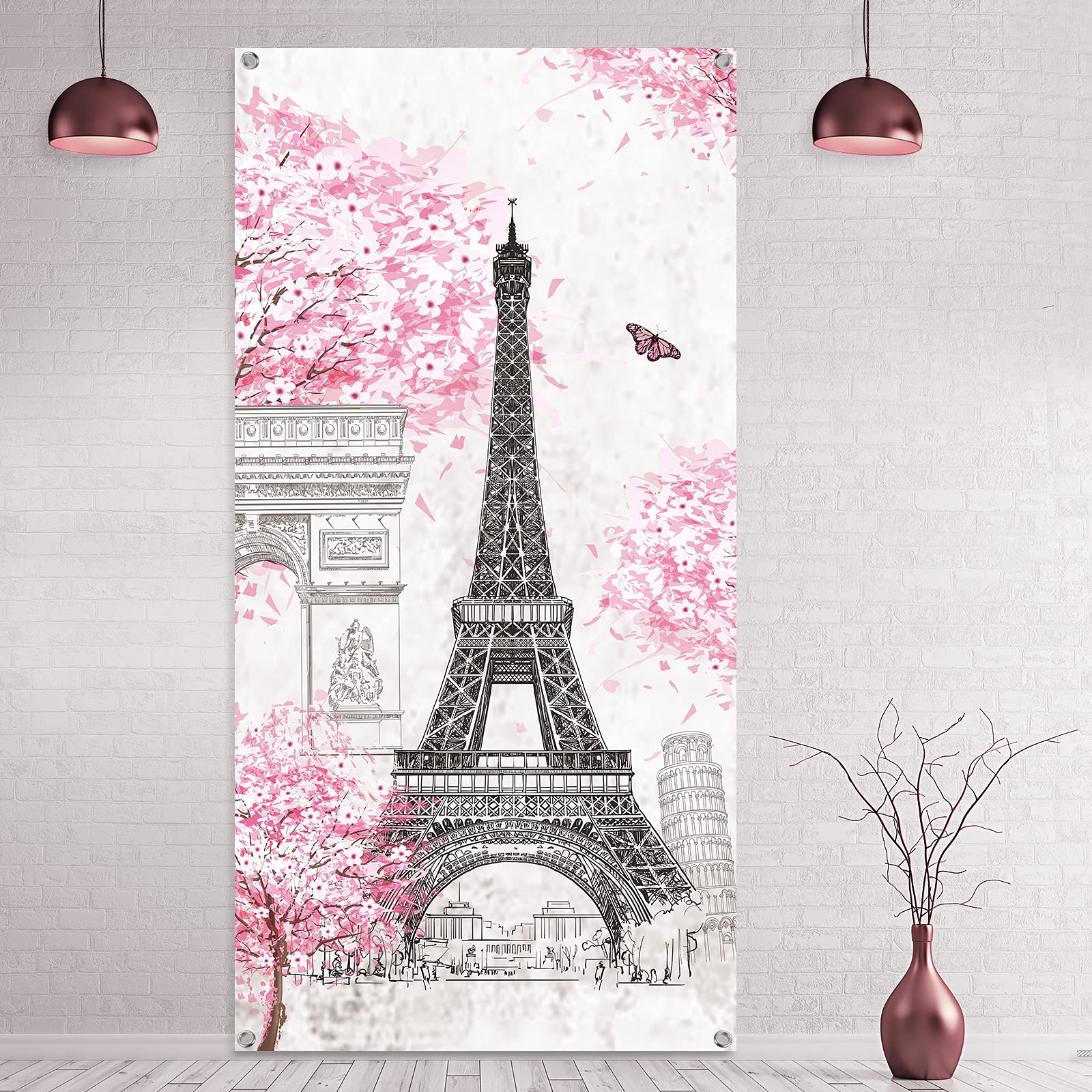 Tatuo Paris Eiffel Tower Backdrop Pink Eiffel Tower Background Banner 70.9 x 35.4 Inch Paris Pink Tree Wall Hanging Decor for Girls Bedroom Living Room Photograph Party Decoration