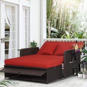 ldaily moccha outdoor daybed, wicker loveseat sofa set with 4-postion adjustable backrest, storage ottoman, cushions, rattan double bed lounger, patio furniture set (red)