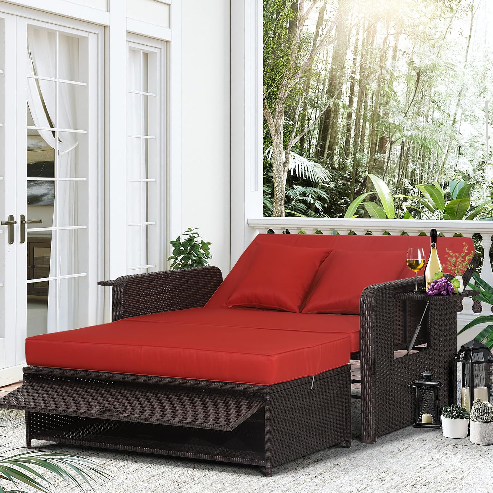 LDAILY Moccha Outdoor Daybed, Wicker Loveseat Sofa Set with 4-Postion Adjustable Backrest, Storage Ottoman, Cushions, Rattan Double Bed Lounger, Patio Furniture Set (Red)