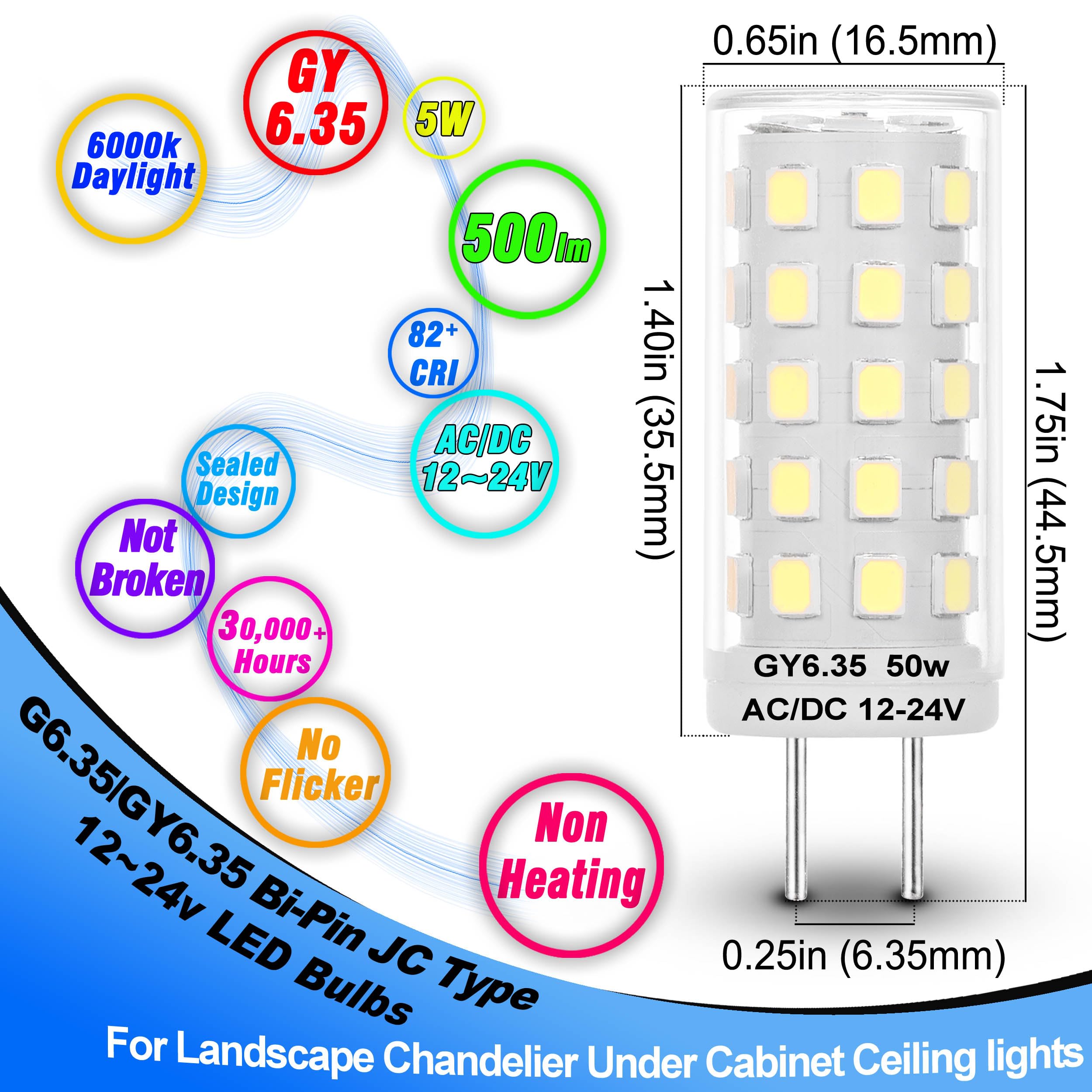 Heifymi 5W G6.35 LED Bulb Daylight White 6000K G6.35/GY6.35 Bi-Pin Base JC Type LED AC/DC 12-24V 50W Halogen Replacement Bulb for Pendant Puck Closet Accent Landscape Lights, Non-Dimmable, 5 Pack