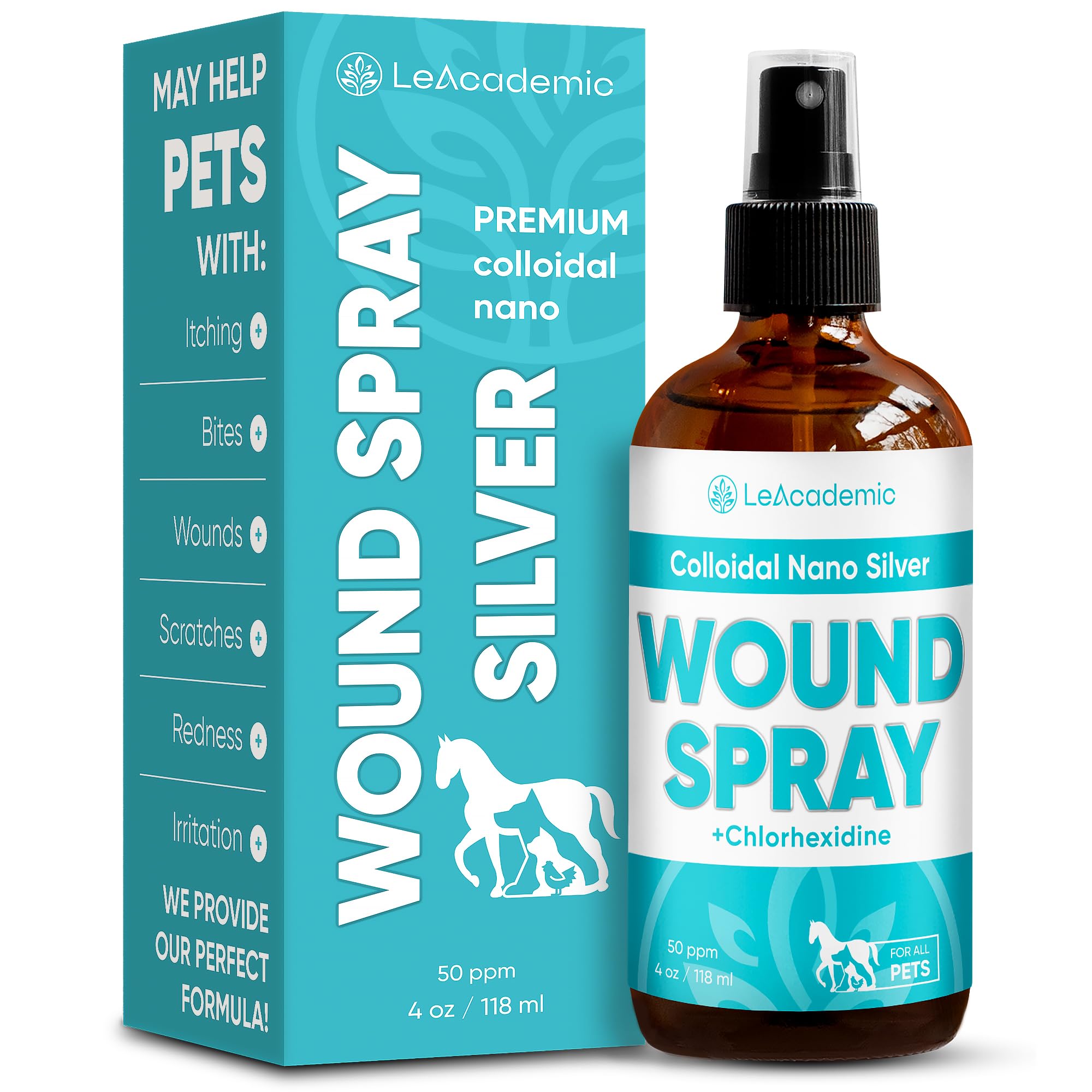 Silver Pet Wound Spray | Dog Wound Spray | Cat Wound Spray | Horse & Chicken Wound Spray + Chlorhexidine | Cat & Dog Itch Spray | Wound Spray for Cats | Wound Spray for Dogs, Cats, Horses | 4 oz