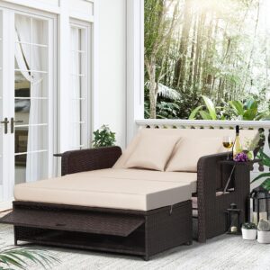 ldaily moccha outdoor daybed, wicker loveseat sofa set with 4-postion adjustable backrest, storage ottoman, cushions, rattan double bed lounger, patio furniture set (beige)