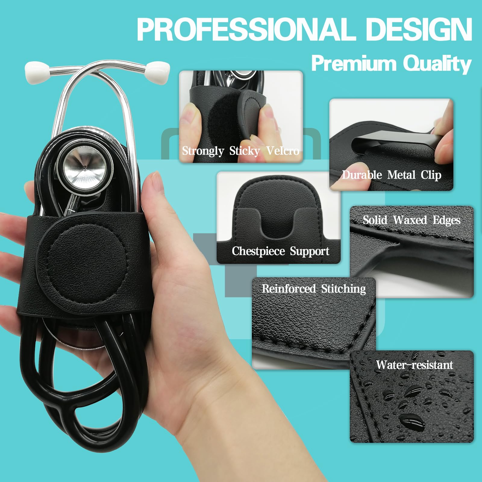 BAIWOVIS Stethoscope Holder with Clip, PU Leather Clip-on Stethoscope Hip Holder, Black