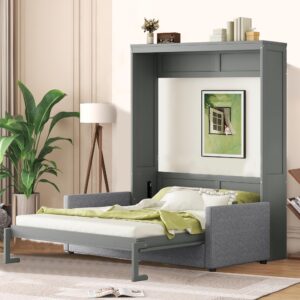 LZ LEISURE ZONE Queen Size Murphy Bed, Wooden Queen Murphy Bed with Cushion, Wall Bed with Sofa for Home Office or Small Room, Gray