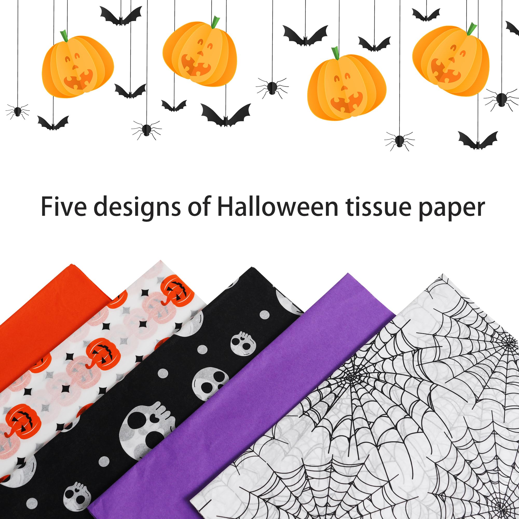 100 Sheets Halloween Tissue Paper for Gift Bags,14"X20" Orange Tissue Paper Purple Pumpkin Spider Various Designs for Halloween Paper Art Deco.