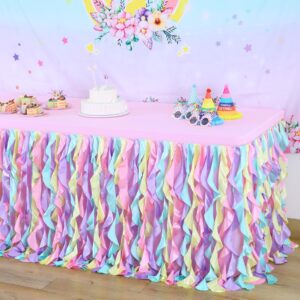 gogoparti Pastel Rainbow Tablecloth for 6 ft Rectangle Table Pastel Rainbow Ruffle Tulle Table Skirt for Unicorn Theme Birthday Party Decoration