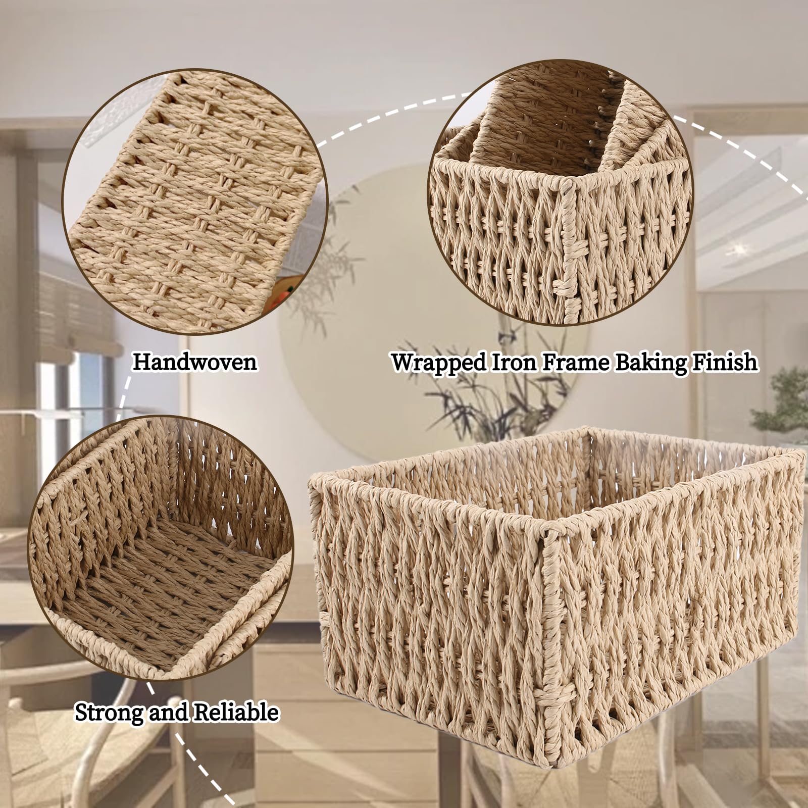 CrafArcher Paper Woven Storage Baskets Iron Frame Desk Organizers, Set of 3