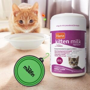 moofin Bundle of Portable Silicone Folding Pet Bowl - 13x, and Powdered Kitten Milk Replacer Formula - 11Oz, Pack of 3, White/purple