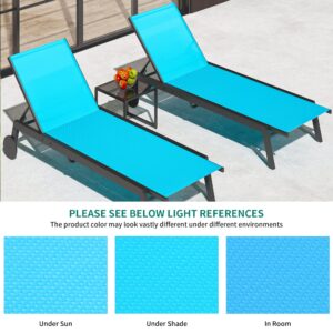 YITAHOME Patio Chaise Lounge Set of 3, Outdoor Lounge Chairs with Side Table, Adjustable Backrest Poolside Loungers with Wheels for Pool Beach Patio Lawn Porch - Blue