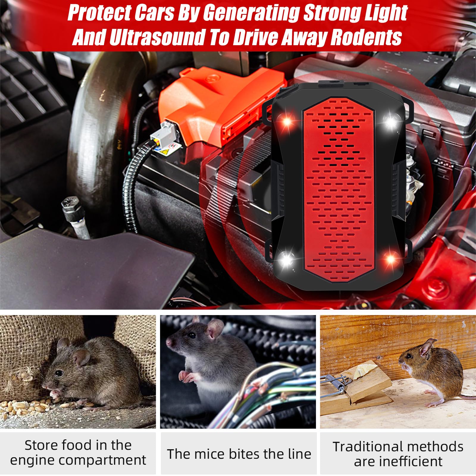 Jahy2Tech Under Hood Rodent Repeller with Red & White Strobe Light,3 Power Supply Methods,Professional Ultrasonic Mouse Repellent Squirrel Repellent Rat Deterrent for 12V Cars Trucks RV Engine