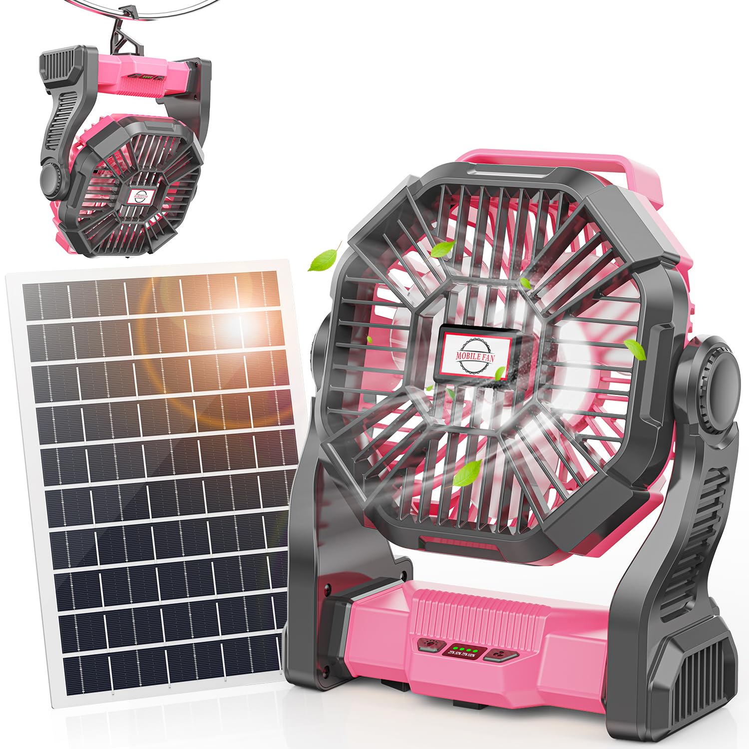 Art In Real 10400mAh Solar Powered Fan, Portable Solar Fan with LED Lantern, Camping Fan with 7W Solar Panel, Stepless Speed Battery Powered Fan for Travel, Camping,Office,Outdoor＆Indoor(Pink)