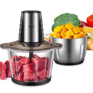 food processors with 2 large bowls(12 cup+12 cup), reemix electric chopper with powerful 500w copper motor, 4 bi-level blades for fruits, meat, vegetables, baby food, nuts, 2 speeds