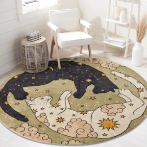 estmy washable mystical cat rug, vintage retro abstract celestial zodiac 5ft around area rugs for bedroom living room dorm entryway kitchen, thin pile bohemian cute animal circle rug floor carpet