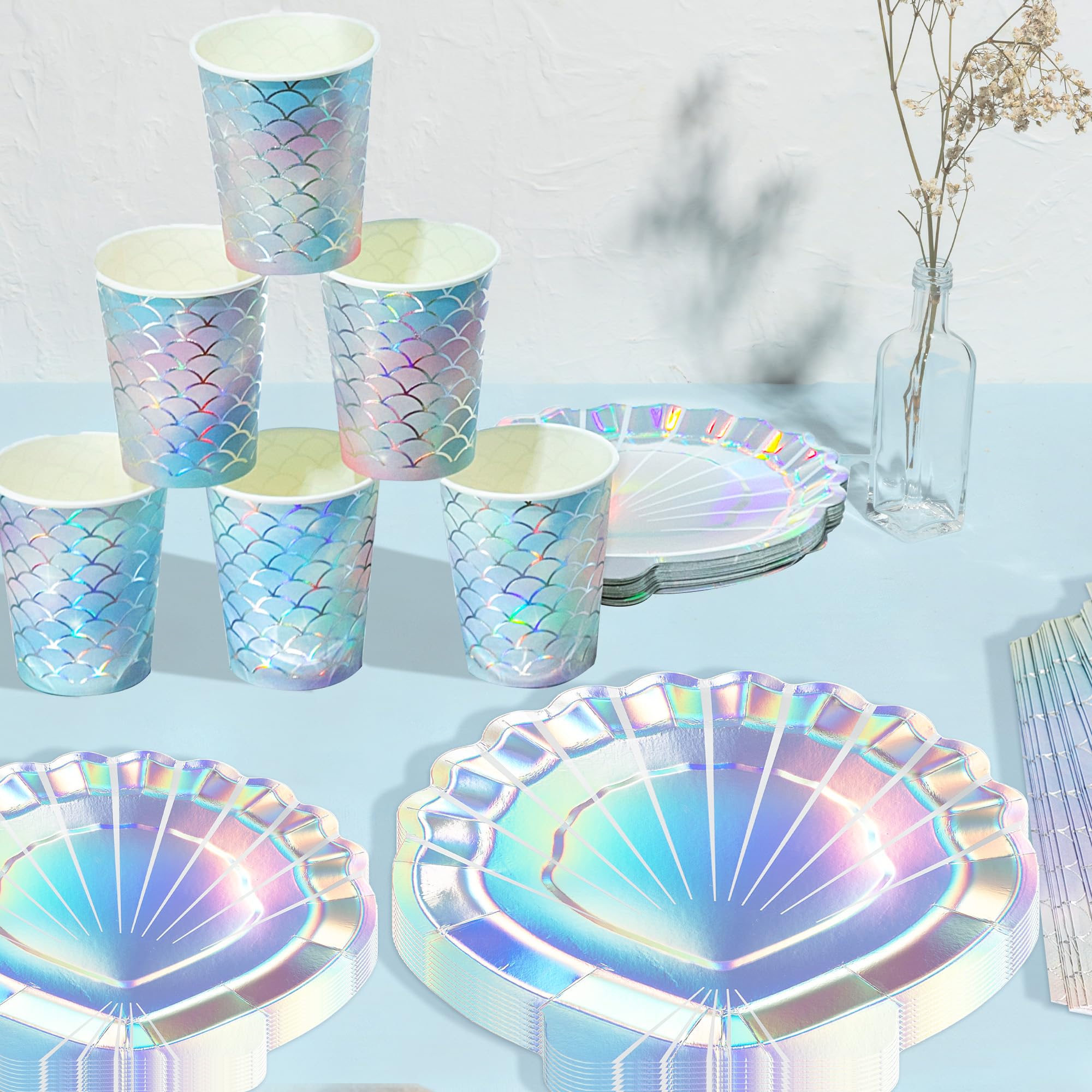 122PCS Mermaid Party Supplies for Girls Baby Shower Birthday Party Under the Sea Little Mermaid Themed Decor Iridescent Shell Plates Napkins Cups Knives Forks Tablecloths Banners Serves 20 Guests