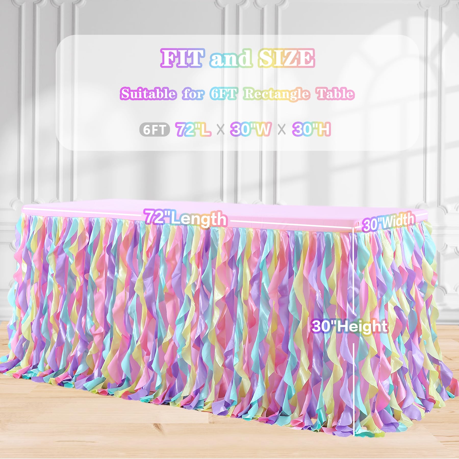 gogoparti Pastel Rainbow Tablecloth for 6 ft Rectangle Table Pastel Rainbow Ruffle Tulle Table Skirt for Unicorn Theme Birthday Party Decoration