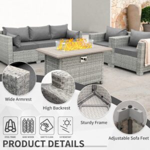 WAROOM Outdoor Patio Furniture Set 4 Piece Wicker Furniture Patio Conversation Sets PE Rattan Patio Chairs Couch Sectional Sofa with Fire Pit Table, Grey Cushion