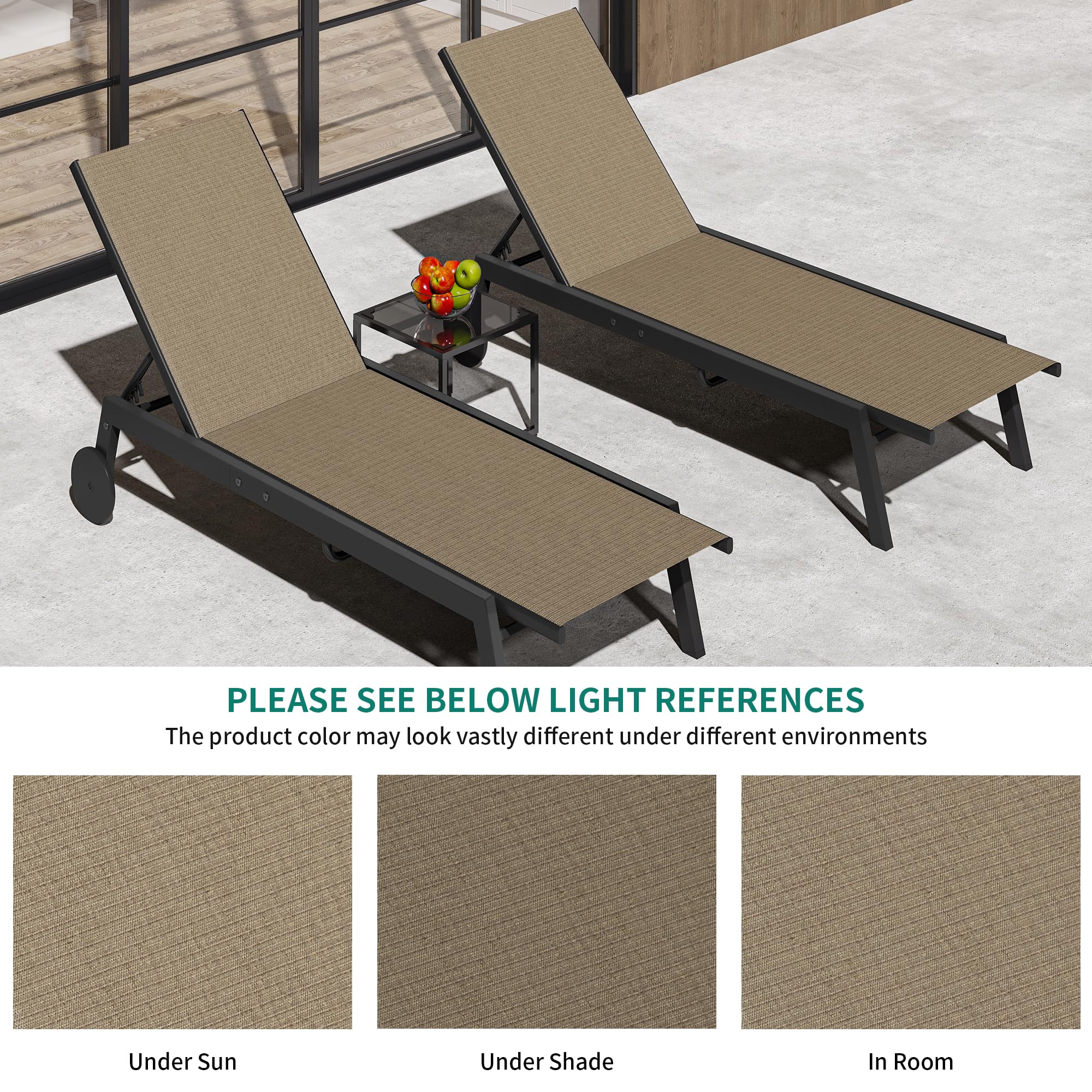 YITAHOME Patio Chaise Lounge Set of 3, Outdoor Lounge Chairs with Side Table, Adjustable Backrest Poolside Loungers with Wheels for Pool Beach Patio Lawn Porch - Brown