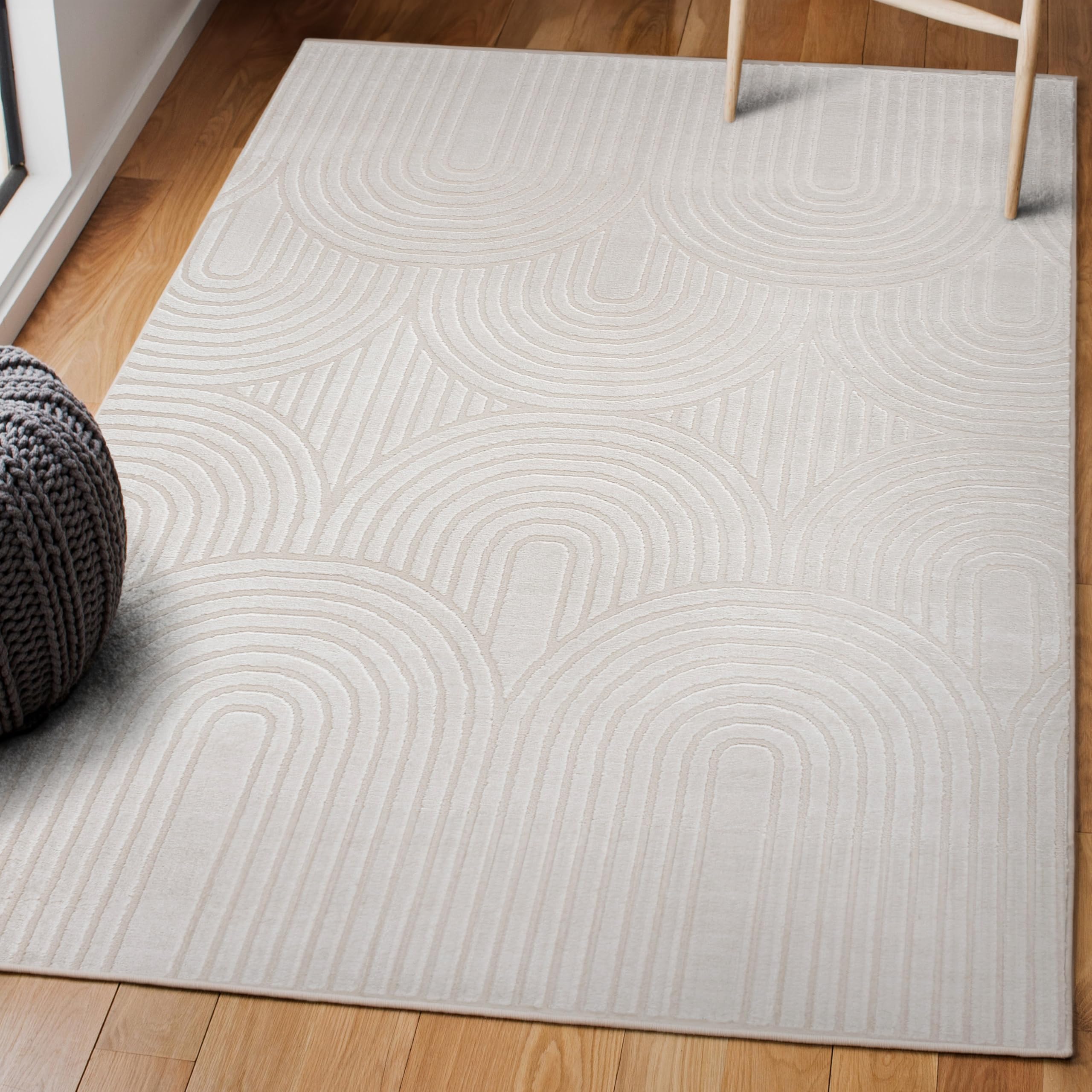 JONATHAN Y SND100B-8 Ariana Mid-Century Art Deco Striped Arches Two-Tone High-Low White/Cream 8 ft. x 10 ft. Area Rug, Easy-Cleaning, Pet-Friendly for Bedroom, Living Room, Kitchen, Office