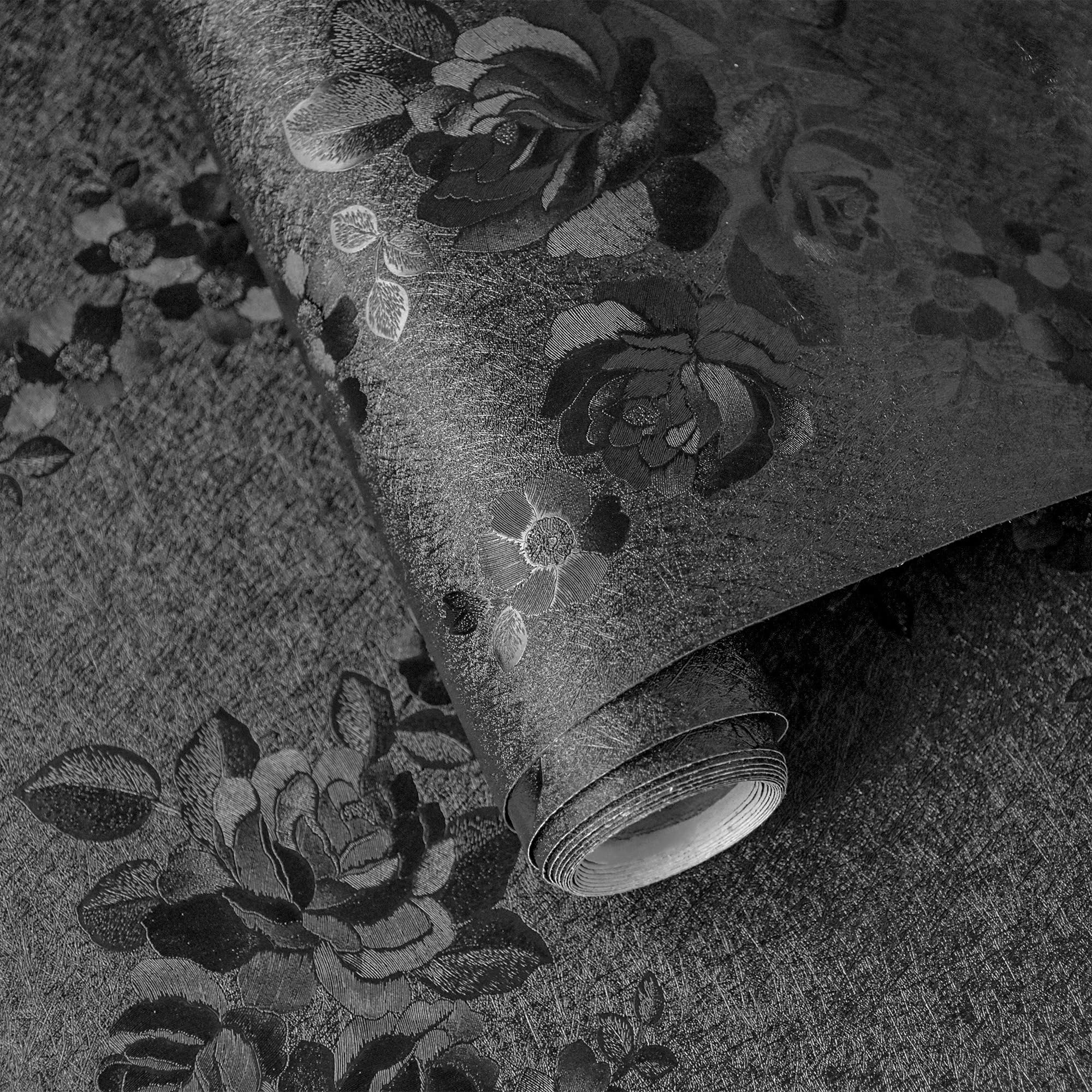 Lativo Black Peel and Stick Wallpaper Silk Embossed Floral Contact Paper for Cabinets Drawers Furniture 118×17.7''Textured Flower Wallpaper Removable Kitchen Wallpaper for Bathroom Waterproof Thicken