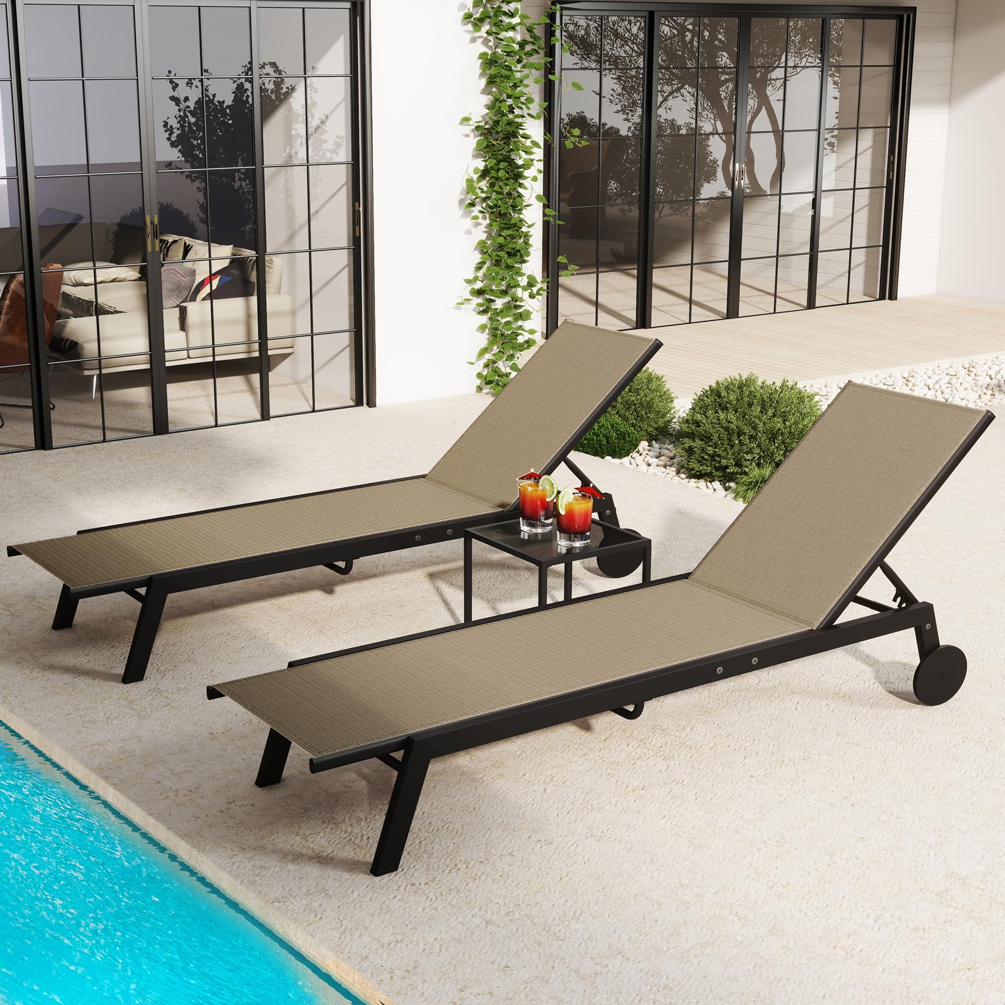 YITAHOME Patio Chaise Lounge Set of 3, Outdoor Lounge Chairs with Side Table, Adjustable Backrest Poolside Loungers with Wheels for Pool Beach Patio Lawn Porch - Brown