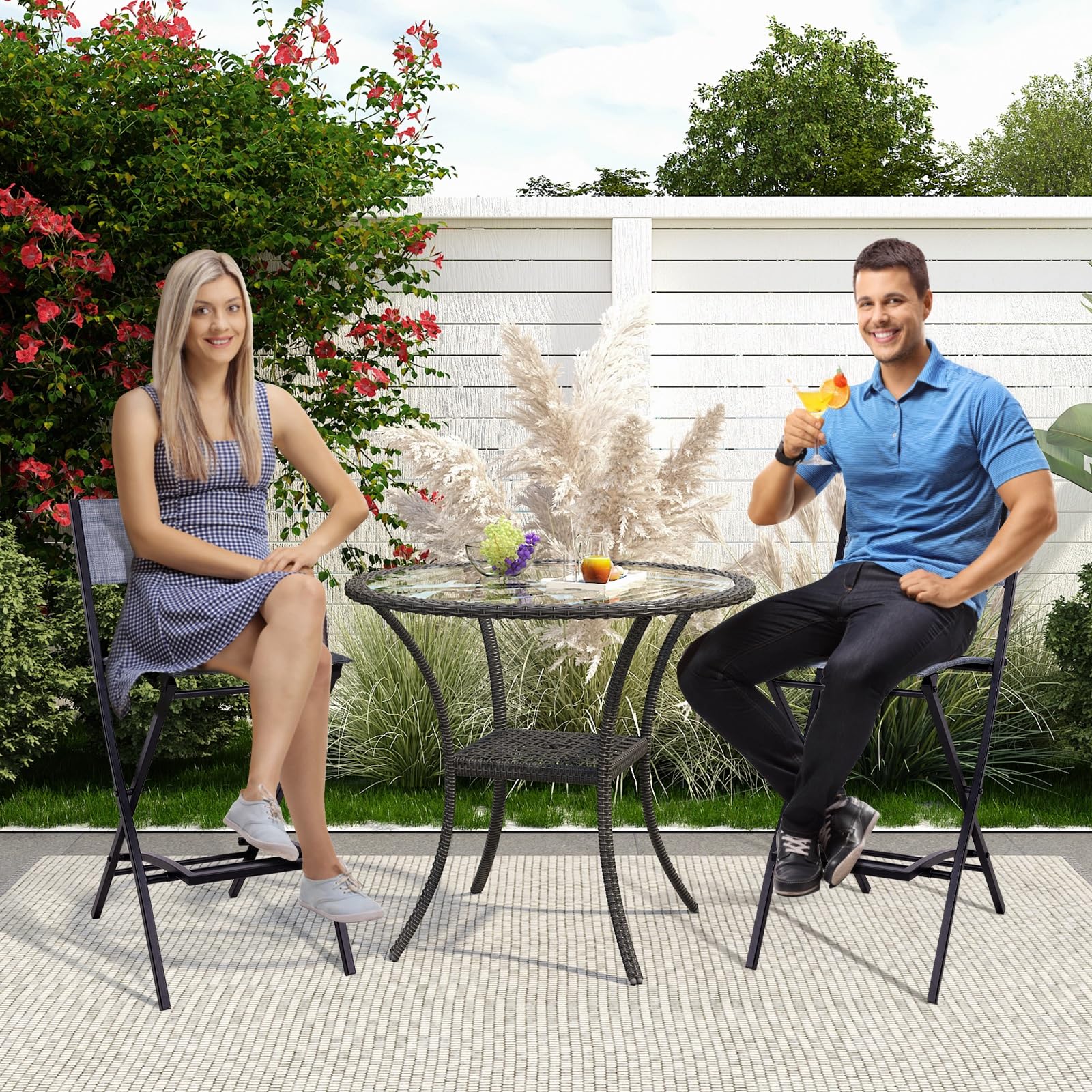 Outdoor Patio Bar Stools Set of 2, Folding Counter Height Stool with Footrest and Heavy-duty Metal Frame, Outdoor Bar Chairs with Breathable Textilene Fabric, Patio Bar Sets for Balcony, Poolside