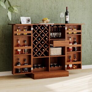 merax modern bar cabinet with wine and glass rack, industrial freestanding liquor table & large storage space, fold out rattan door, 41.9" home buffet sideboard for kitchen, dining room, walnut