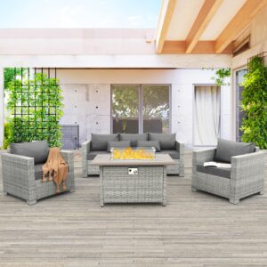 waroom outdoor patio furniture set 4 piece wicker furniture patio conversation sets pe rattan patio chairs couch sectional sofa with fire pit table, grey cushion