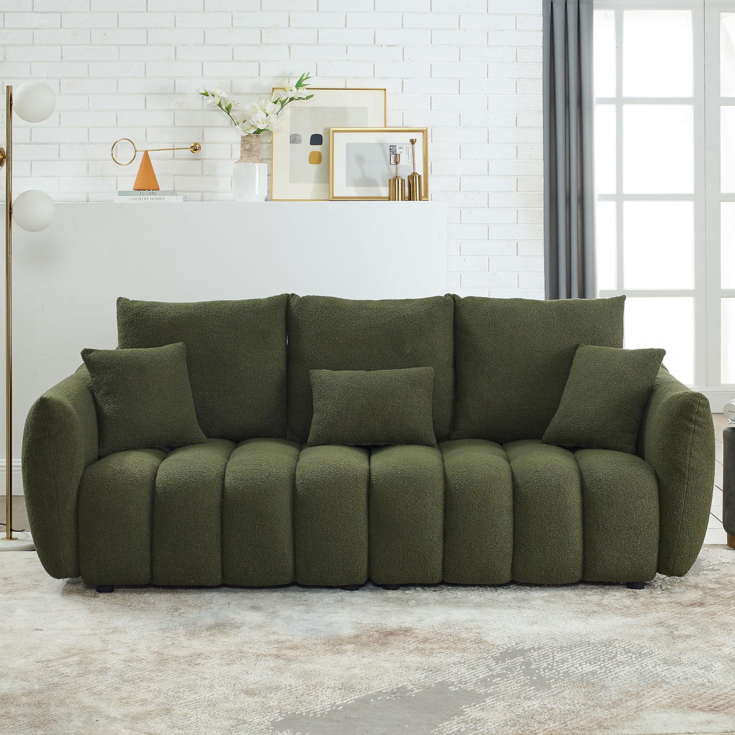 82" Modern Cloud Sofa Couch, Comfy Upholstered Boucle Couch with 24.7'' Deep Seat, 3 Seater Sofa Oversized Loveseat with 3 Back Pillows for Living Room, Bedroom, Apartment, Office, Green