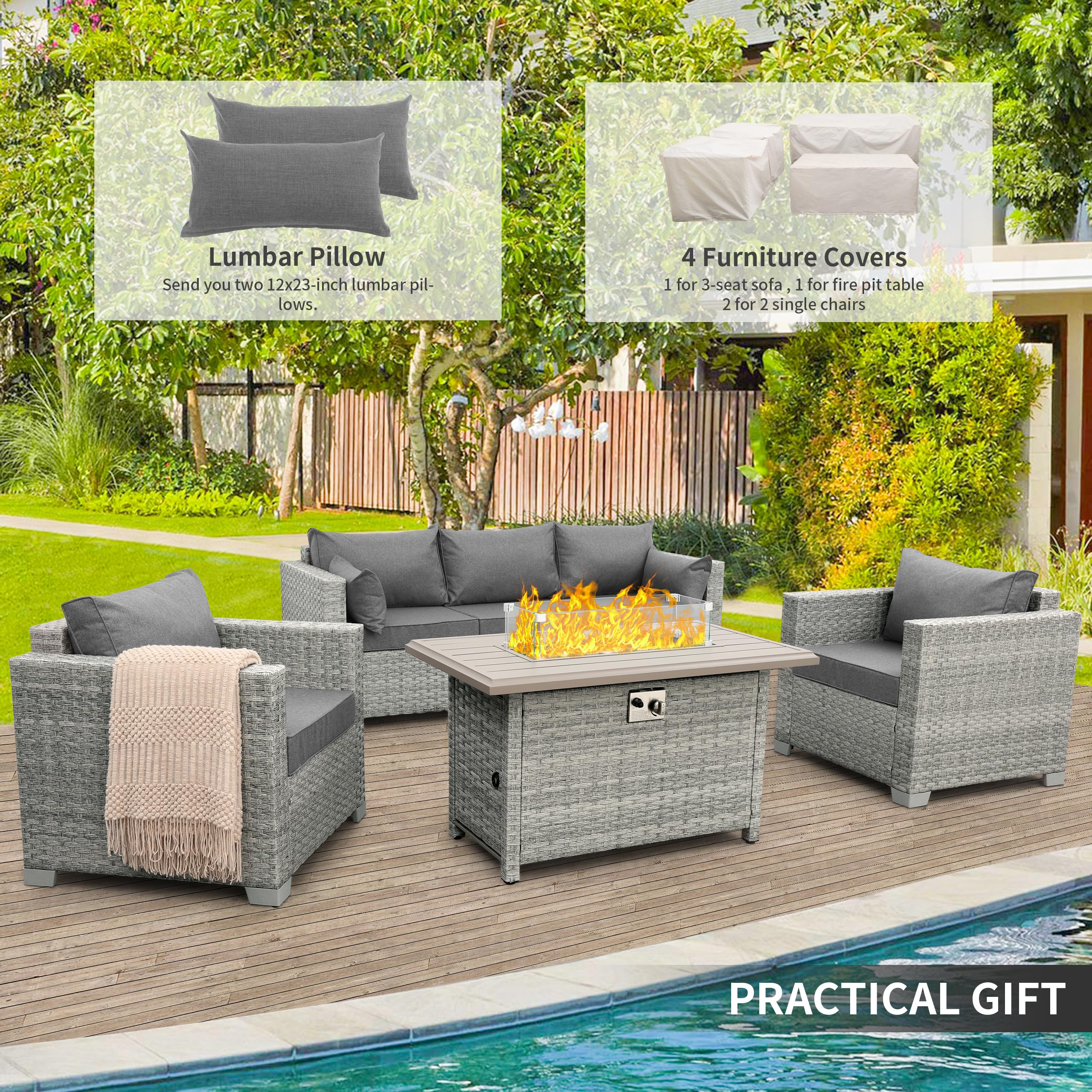 WAROOM Outdoor Patio Furniture Set 4 Piece Wicker Furniture Patio Conversation Sets PE Rattan Patio Chairs Couch Sectional Sofa with Fire Pit Table, Grey Cushion