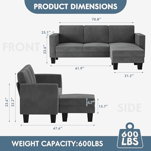 YESHOMY L-Shaped Convertible Sectional Sofa, 3 Seater with Corduroy Fabric, Complete with Mobile Footrest, 70", Gray