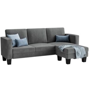 YESHOMY L-Shaped Convertible Sectional Sofa, 3 Seater with Corduroy Fabric, Complete with Mobile Footrest, 70", Gray