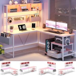 dowinx l shaped gaming desk with pegboard and removable filing cabinet, reversible 67” computer gaming desk with power outlet and led, office corner desk with storage for home game, pink