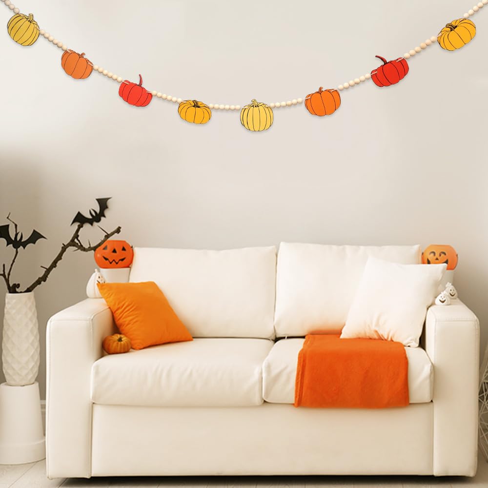 AKEROCK Fall Thanksgiving Garland for Mantle, Farmhouse Wood Pumpkin and Bead Thanksgiving Banner for Home Fireplace Mantel Decor - Pumpkin Garland Thanksgiving Decorations Indoor