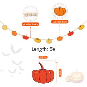 AKEROCK Fall Thanksgiving Garland for Mantle, Farmhouse Wood Pumpkin and Bead Thanksgiving Banner for Home Fireplace Mantel Decor - Pumpkin Garland Thanksgiving Decorations Indoor