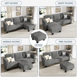 YESHOMY L-Shaped Convertible Sectional Sofa, 3 Seater with Corduroy Fabric, Complete with Mobile Footrest, 70", Gray