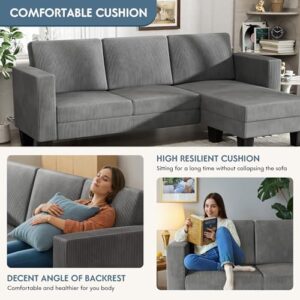 YESHOMY L-Shaped Convertible Sectional Sofa, 3 Seater with Corduroy Fabric, Complete with Mobile Footrest, 70", Gray