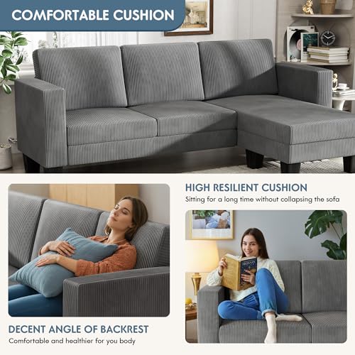 YESHOMY L-Shaped Convertible Sectional Sofa, 3 Seater with Corduroy Fabric, Complete with Mobile Footrest, 70", Gray