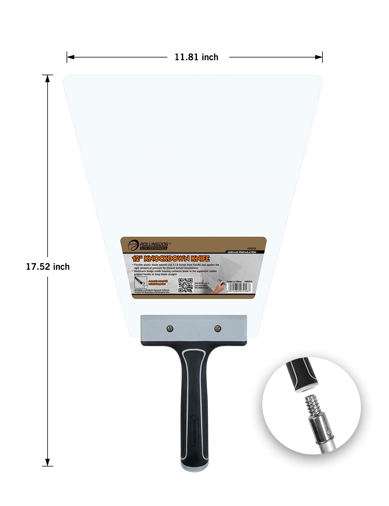 ROLLINGDOG 12 Inch Knockdown Knife - Threaded End Can be Attached to Extension Pole,Acrylic Plastic Blade,Ideal for Creating Knockdown Texture