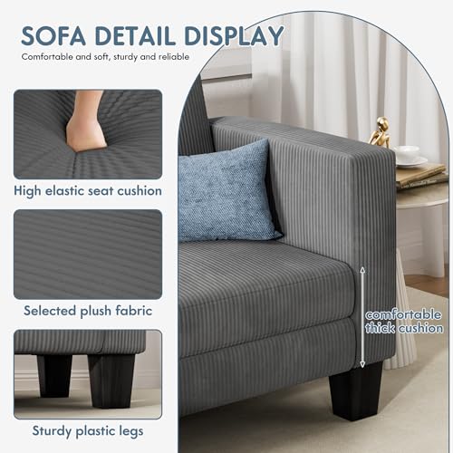 YESHOMY L-Shaped Convertible Sectional Sofa, 3 Seater with Corduroy Fabric, Complete with Mobile Footrest, 70", Gray