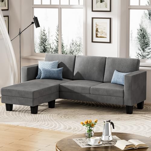 YESHOMY L-Shaped Convertible Sectional Sofa, 3 Seater with Corduroy Fabric, Complete with Mobile Footrest, 70", Gray