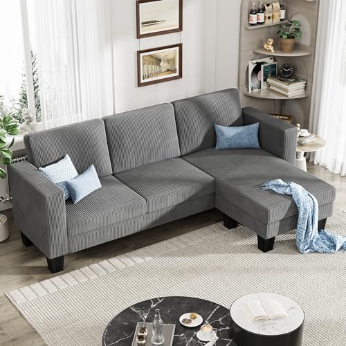 YESHOMY L-Shaped Convertible Sectional Sofa, 3 Seater with Corduroy Fabric, Complete with Mobile Footrest, 70", Gray