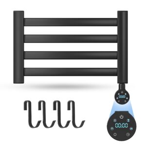 geobella wall mounted towel warmer for bathroom 4 bars with timer & temperature adjustments,electric heated towel drying rack, black 1.37 * 21.6 * 13.77inch