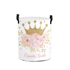 personalized laundry baskets bin,pink floral gold crown princess laundry hamper with handles, collapsible waterproof clothes hamper,storage for bedroom, bathroom, toys 50l