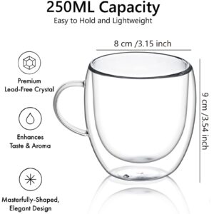 SUROQUE Double Wall Glass Coffee Mugs 8oz Insulated Glass Mugs with Handles Tea Cup Set of 4 Clear Coffee Mugs for Latte, Espresso, Cappuccino