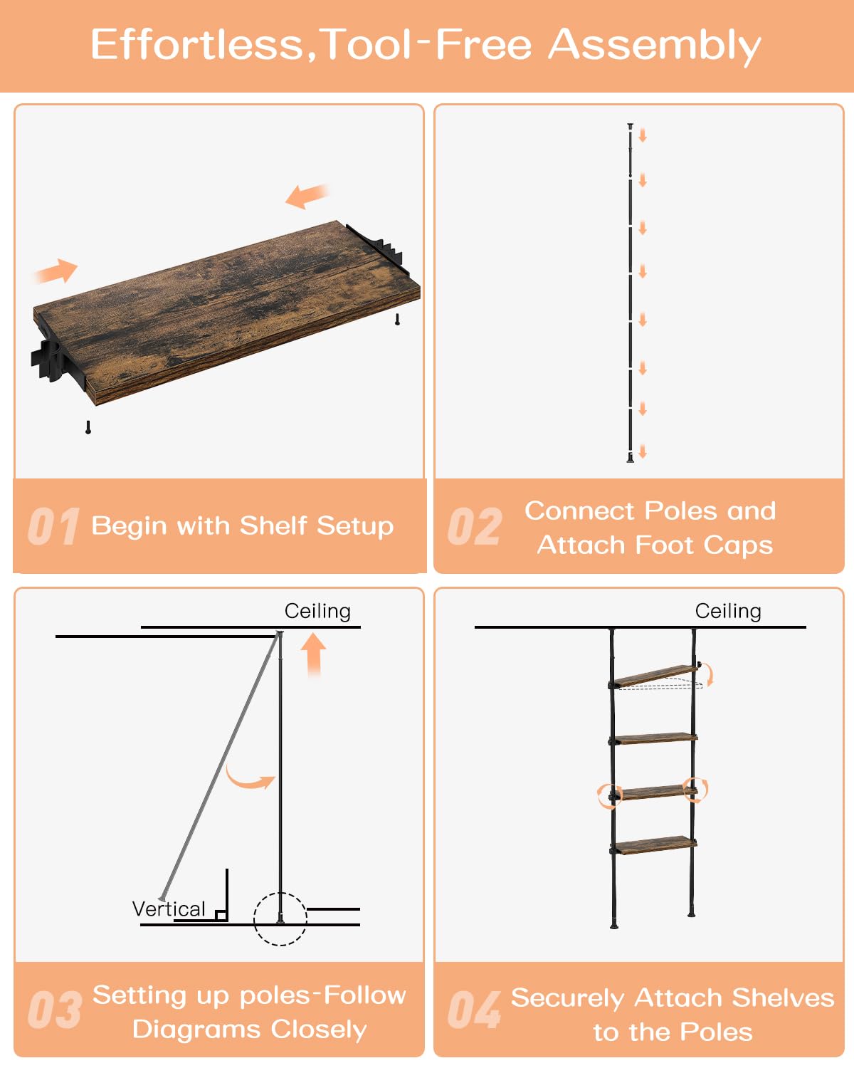 ALLZONE Adjustable Tall Narrow Bookshelf for Bedroom,4-Tier Ladder Bookshelf for Small Spaces,Tension Mount Small Book Shelf and Tall Bookcases, 64 to 113Inch Height Skinny Bookshelf with Open Storage