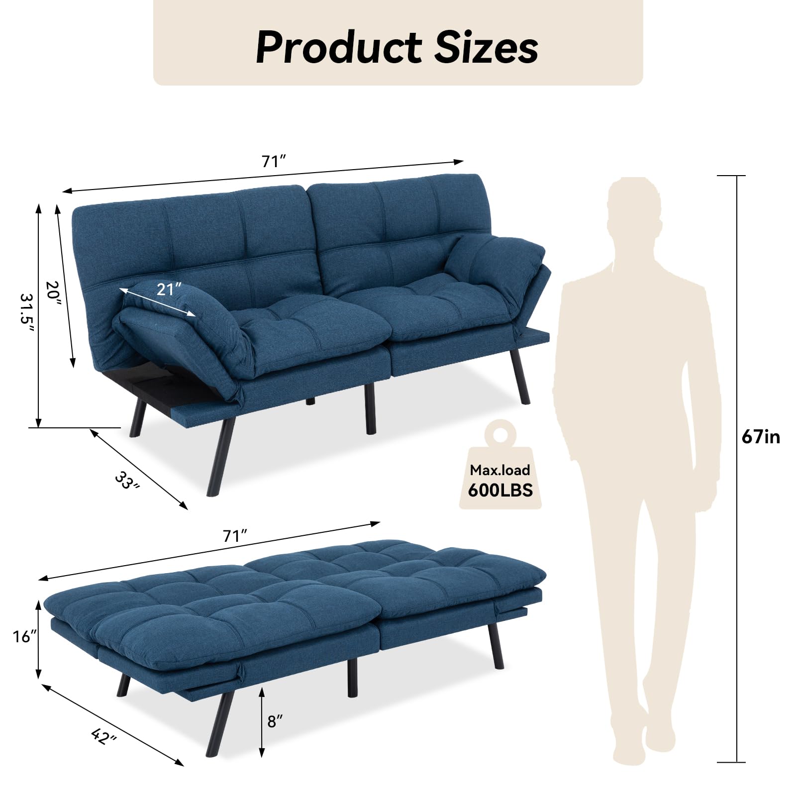 Hcore Bed, Memory Foam Sleeper Sofa,Futon Couch Sofabed, Blue