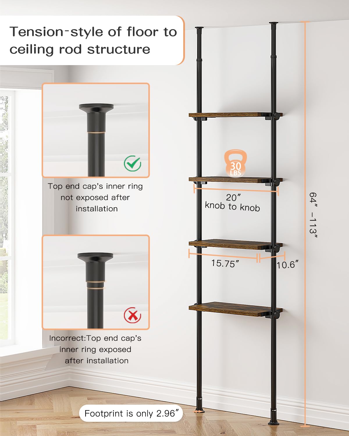 ALLZONE Adjustable Tall Narrow Bookshelf for Bedroom,4-Tier Ladder Bookshelf for Small Spaces,Tension Mount Small Book Shelf and Tall Bookcases, 64 to 113Inch Height Skinny Bookshelf with Open Storage