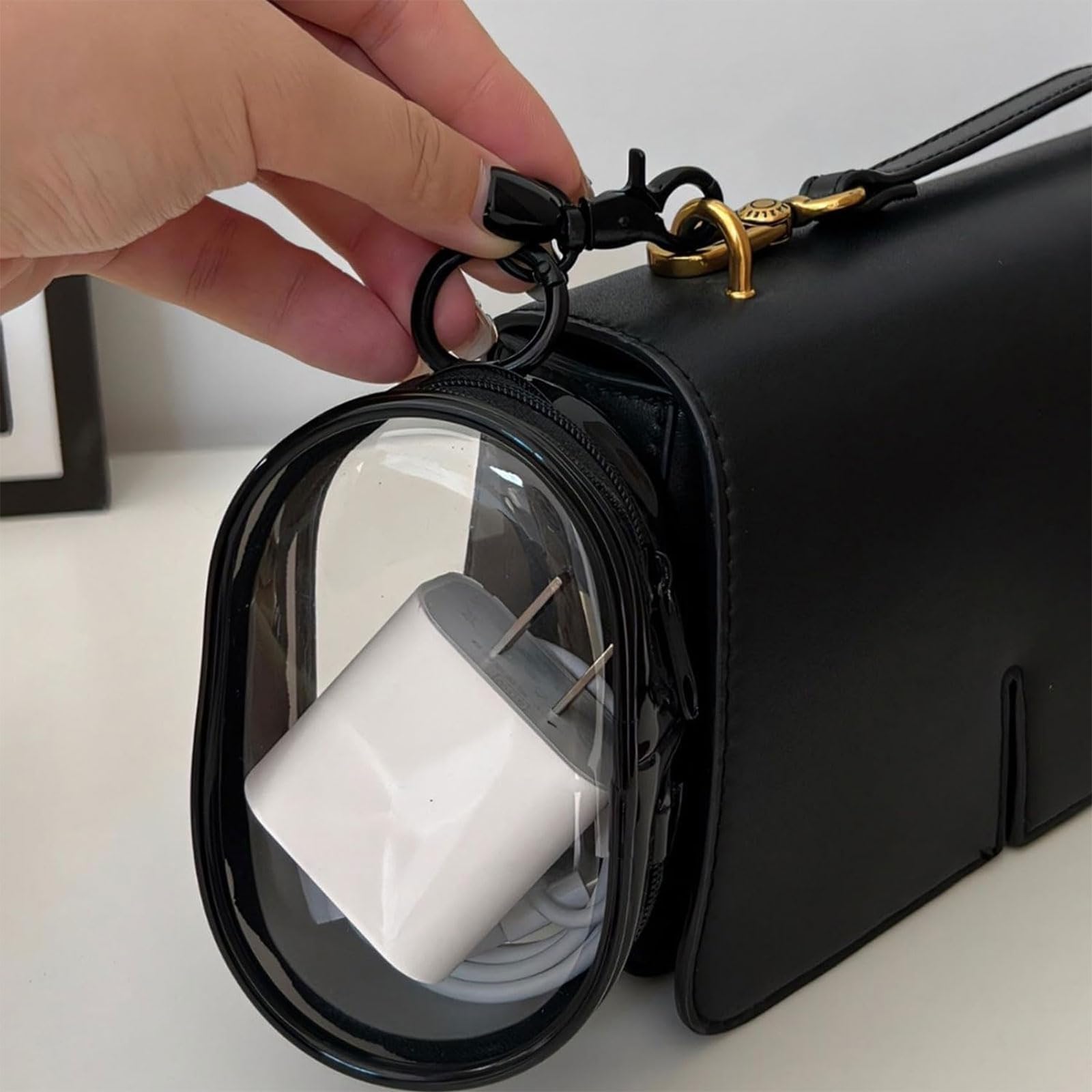 Charging Cable Storage Bag, Waterproof Cable Storage Clear Bag, Transparent Cable Storage Bag, Mobile Phone Charger Transparent Storage Organizer, Portable Headphone Storage Bag (Black+White)