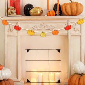 AKEROCK Fall Thanksgiving Garland for Mantle, Farmhouse Wood Pumpkin and Bead Thanksgiving Banner for Home Fireplace Mantel Decor - Pumpkin Garland Thanksgiving Decorations Indoor